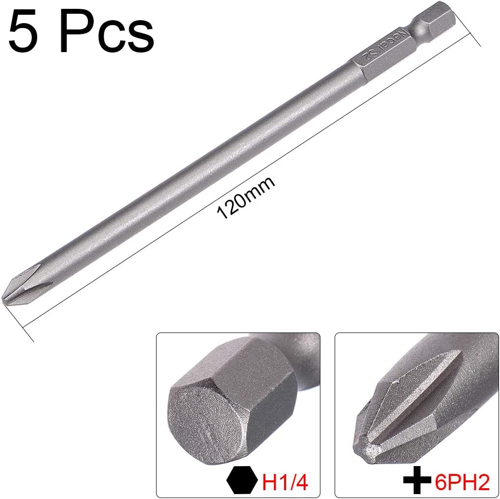 5 Pcs H1/4 Shank 120mm Length 6mm Phillips PH2 Magnetic S2 Screwdriver Bits