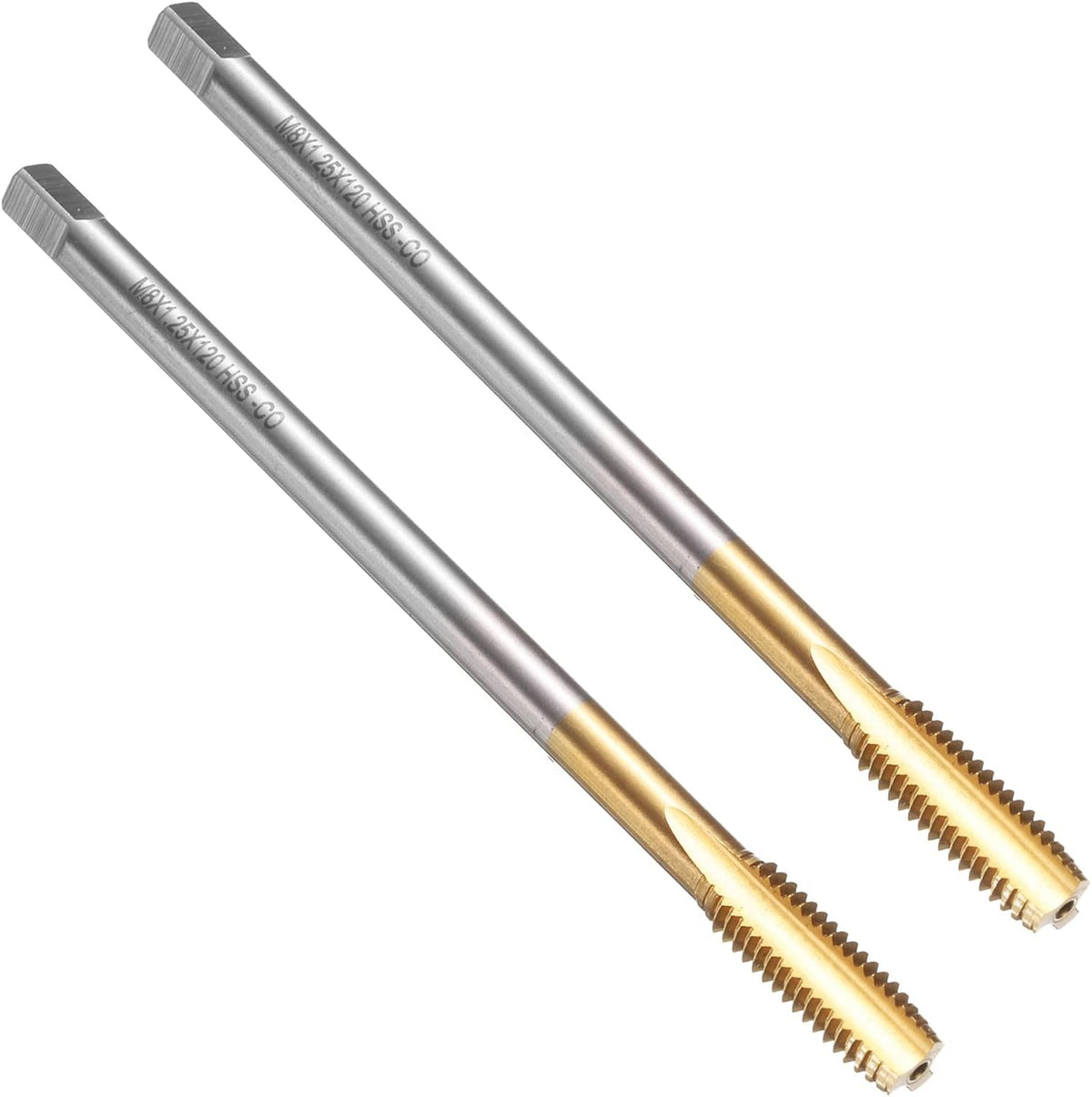 2pcs Straight Flute Thread Taps, M8 x 1.25 120mm Extra Long Metric Titanium Coated Screw Threading Tapping Tool Thread Milling Machine Taps, M35 High Speed Steel with Cobalt