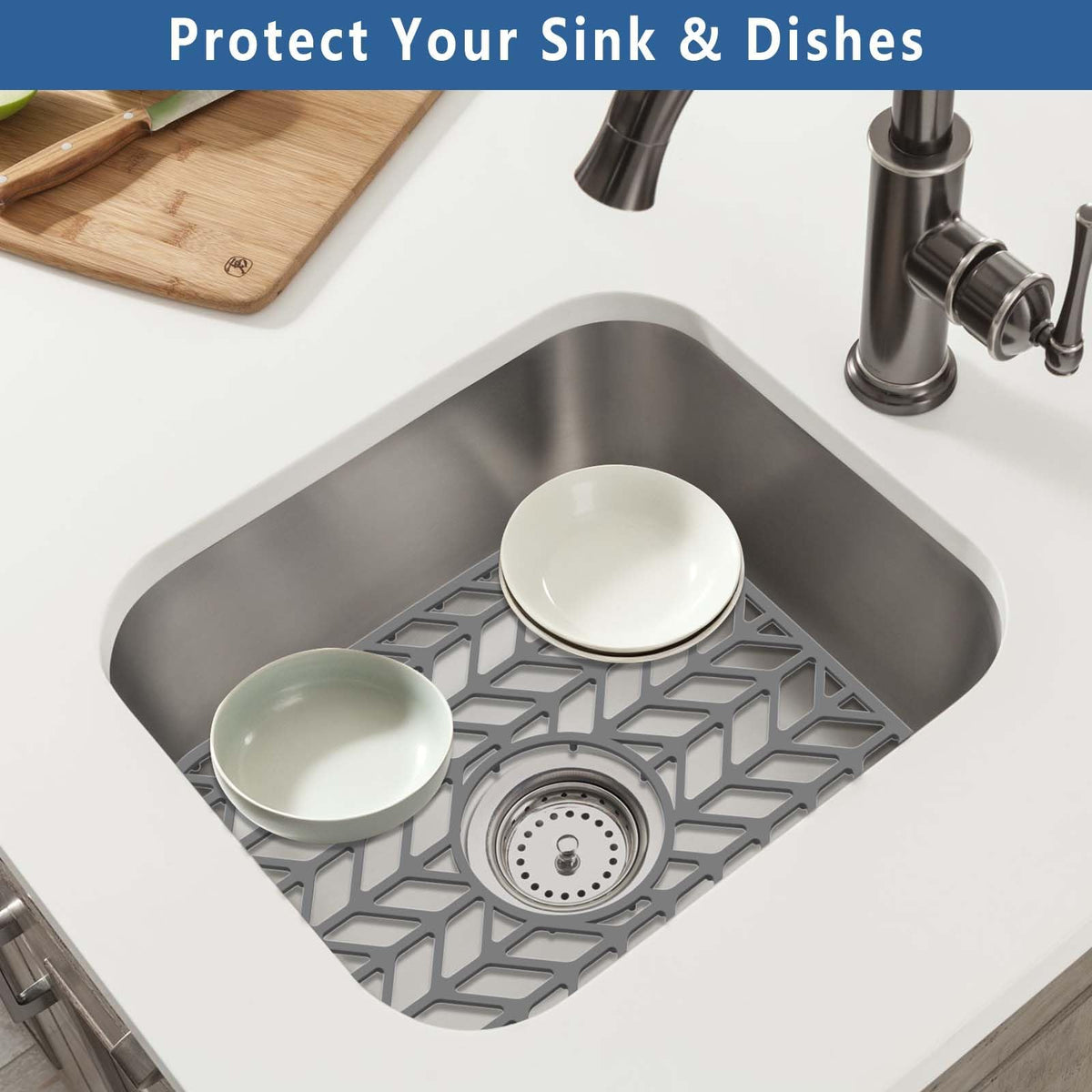 LinkMejor Silicone Sink Protectors for Kitchen Sink, 12" x 11" Mat for bottom of sink, Center Drain Hole, Protect from Stains, Scratches, Dishwasher Safe Grid for Kitchen (2 Pack, Gray)