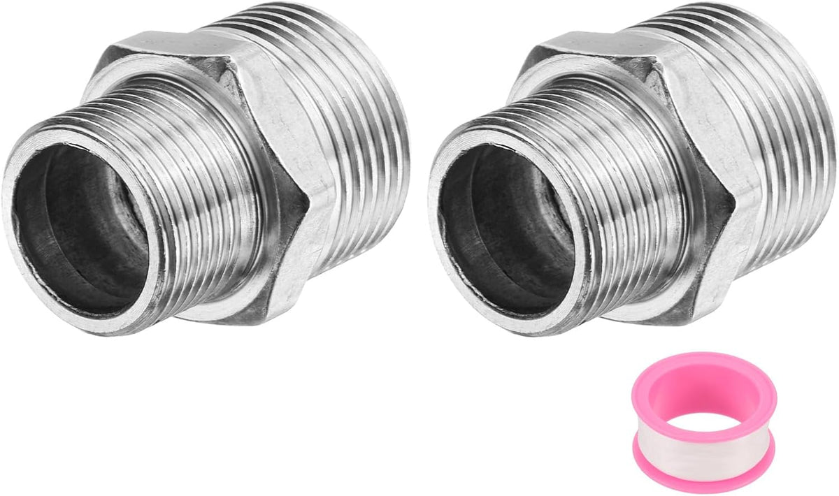 2pcs Hex Nipple Stainless Steel Pipe Fitting G1" Male x G1" Male Threaded Pipe Adapter Pipe Connector with PTFE Tape for Water, Gas, Fuel Pipeline (Silver Tone, 40mm/1.6")