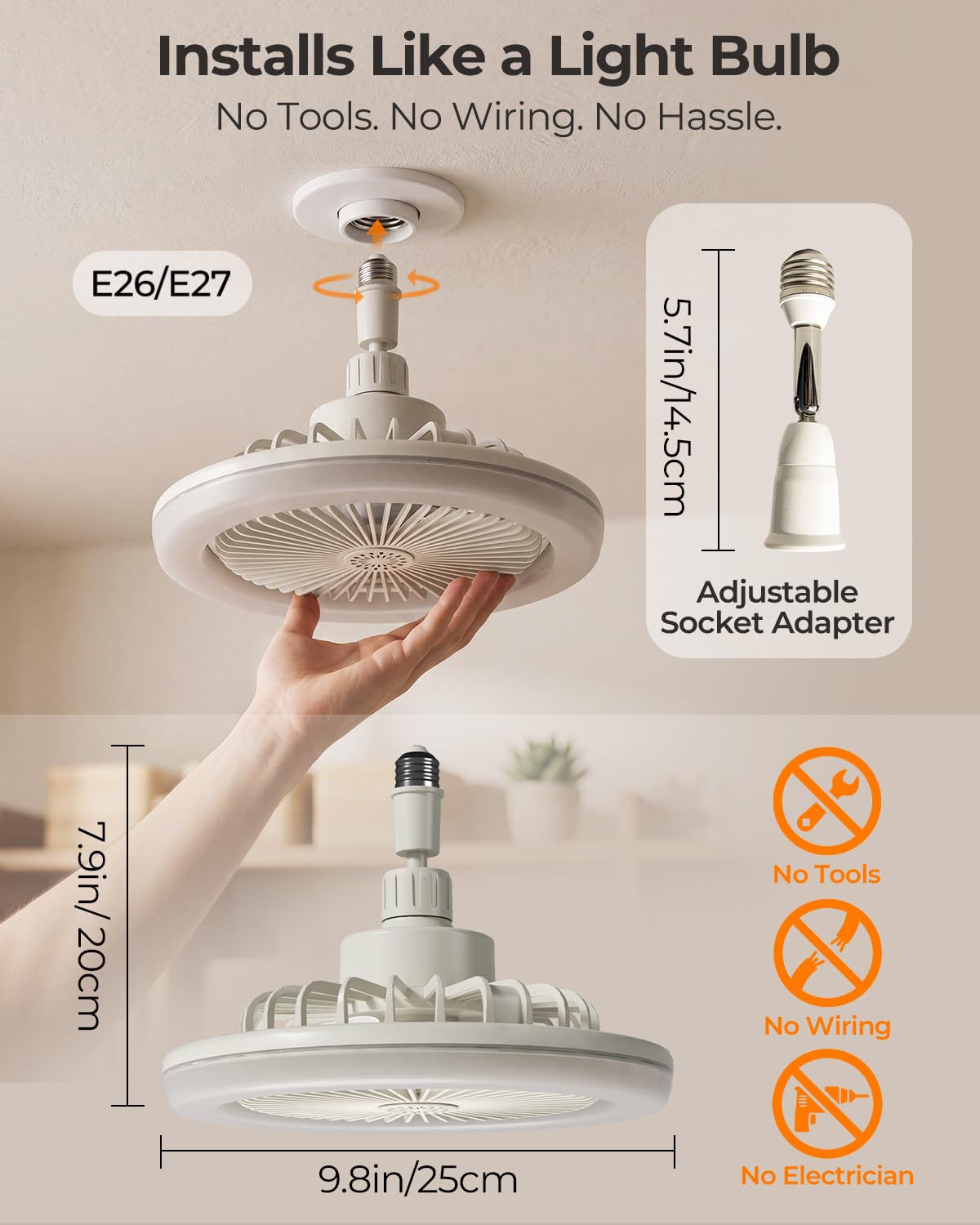 Enchufe de luz ajustable con ventilador, mando a distancia y extensor, ventilador de bombilla pequeña