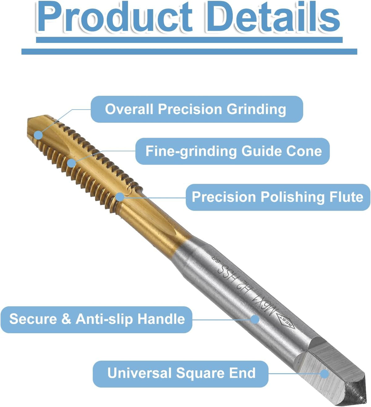 Spiral Point Plug Fase Tap M6 x 1 Fase, Grundfaser H2, Højhastighedssølv 6542, Titanium Belagt, Metrisk Skruetap Fase Bit til Fase Reparation, 5stk