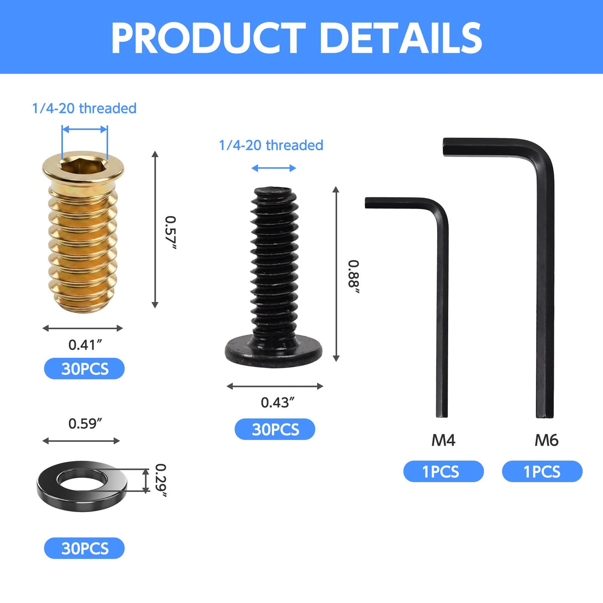 30 Sets 1/4 Threaded Inserts for Wood Kit for Woodworking & DIY Projects