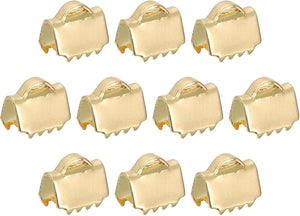 30Pcs Ribbon End Crimp Clamps, 6.5mm Pinch Cord End Clasps Stainless Steel Curled Bead Clasp for Ribbon Lace Bookmark Ends Keychain DIY Making, Gold