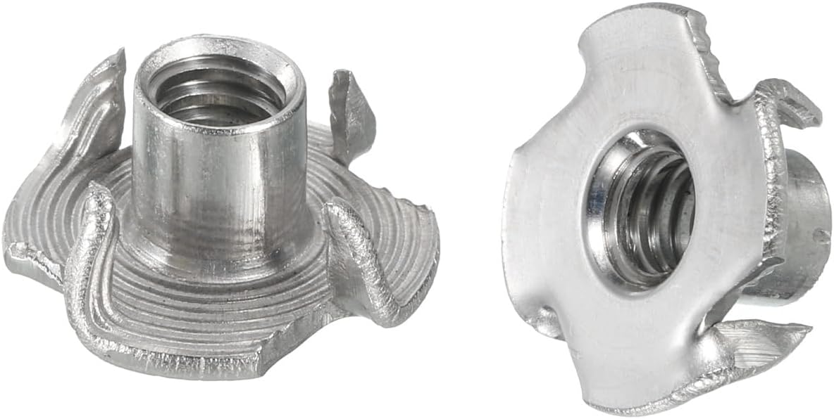 1/4"-20 T-nut 50pcs 304 Stainless Steel 4 Pronged Tee Nuts for Furniture Woodwork Cabinetry Threaded Insertion