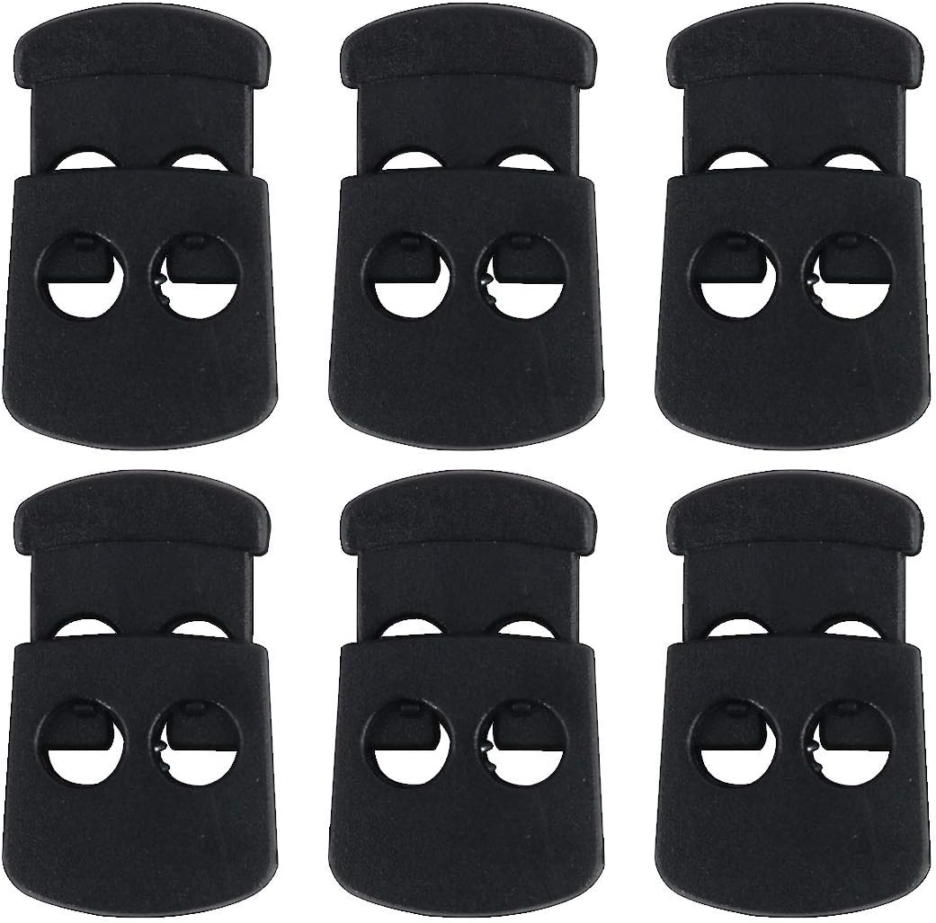 LinkMejor 6pcs Plastic Cord Lock Stopper Clip End Spring Stop Double Hole Toggle Fastener Stopper Rope End for Drawstring Clothing, Shoelace, Camping Black
