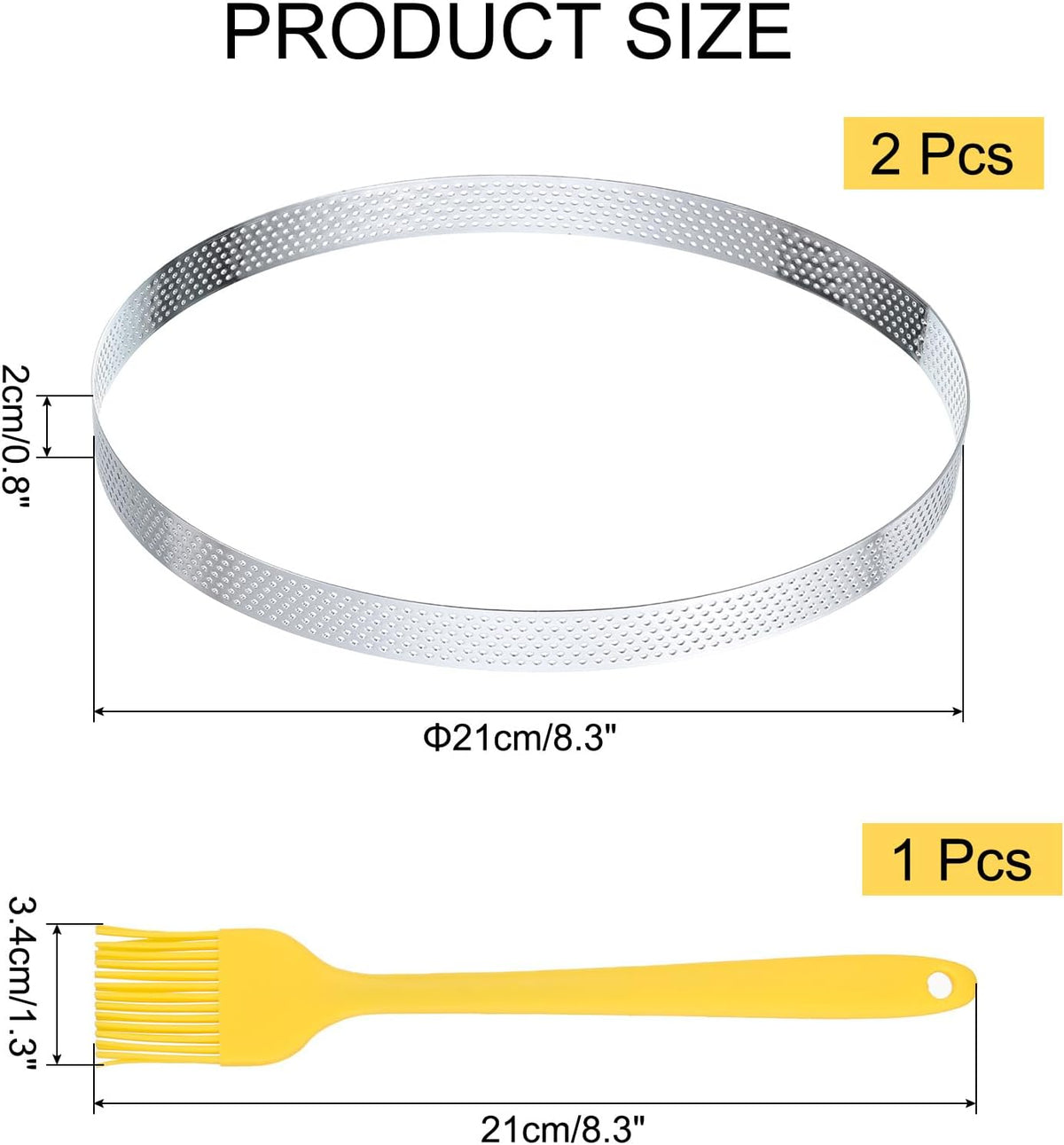 2 stuks perforeerde cakeringen, 7,9 inch, roestvrijstalen ronde cakevormen, met borstel, voor het bakken van cake en desserts, zilveren toon