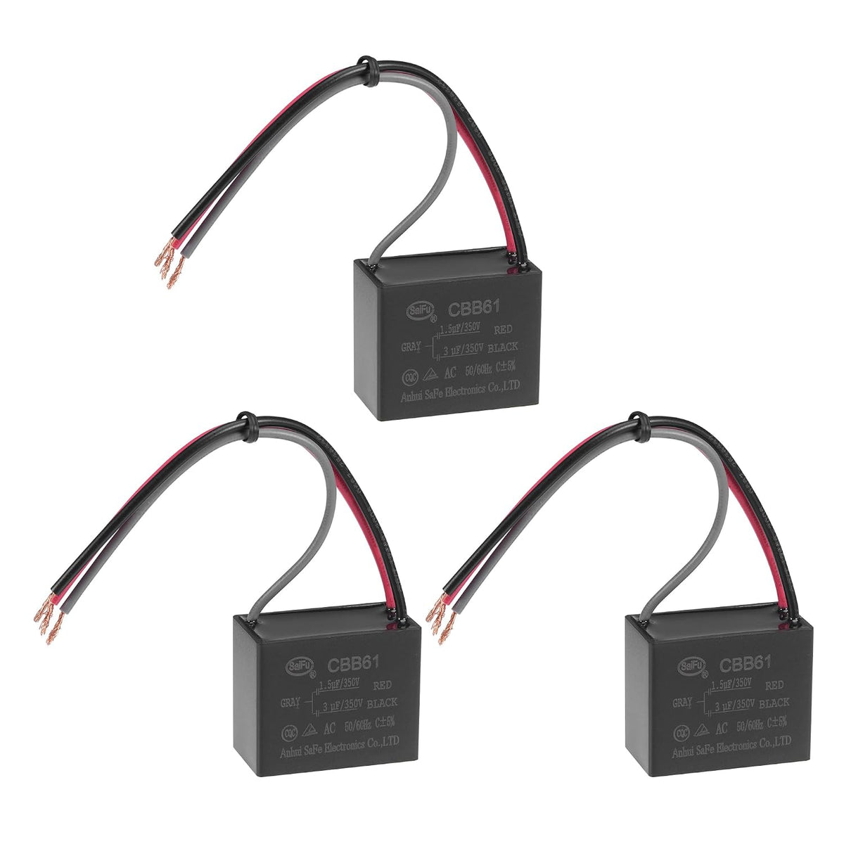 Ceiling Fan Capacitor CBB61 1.5/3uF 350V AC 3 Wires Metallized Polypropylene Film Capacitor 38x31x21mm for Electric Fan Pump Motor Generator 3Pcs
