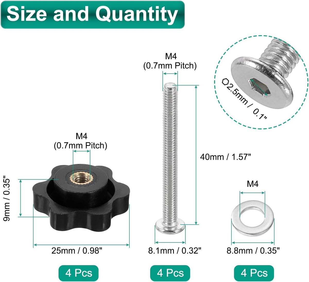 4 Conjuntos de Kit de Rosca Estrelada, Rosca Métrica M4 25mm Cabeça Roscada com Roscas de 6 Estrelas com Parafusos de Socket de 6 Pontas M4 x 40mm e Rolações Planas M4, Acessórios de Manoplas de Fixação para Ferramentas de Madeira