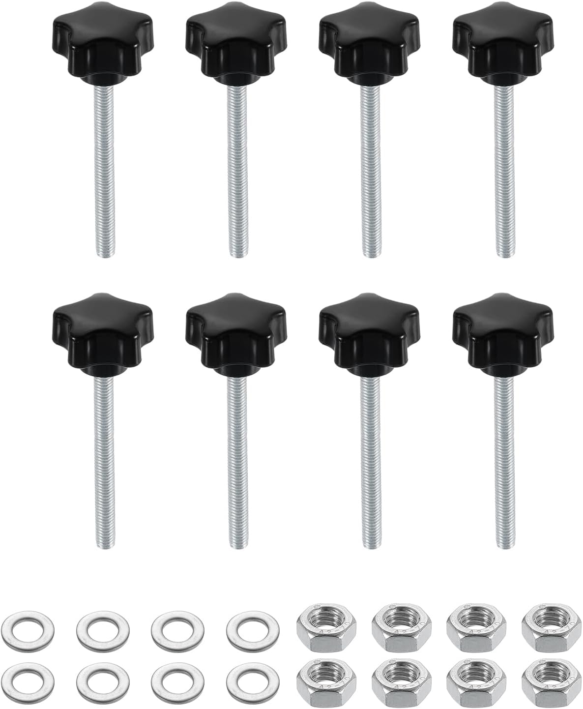 8pcs Star Clamping Knobs with Nuts Washers, M5 x 50mm Metric Zinc Plated Carbon Steel Male Thread 25mm 5-Star Plastic Head, Threaded Stud Hand Knobs Handles Thumb Screws, Black