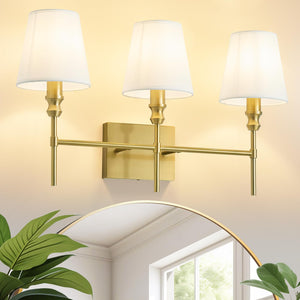 LinkMejor Bathroom Light Fixtures,23.6 IN Bathroom Vanity Lights Over Mirror，3-Light Antique Brass Vintage Wall Sconce With Flared White Fabric Lampshade For Bedroom,Living Room,Foyer,Hardwired,E12