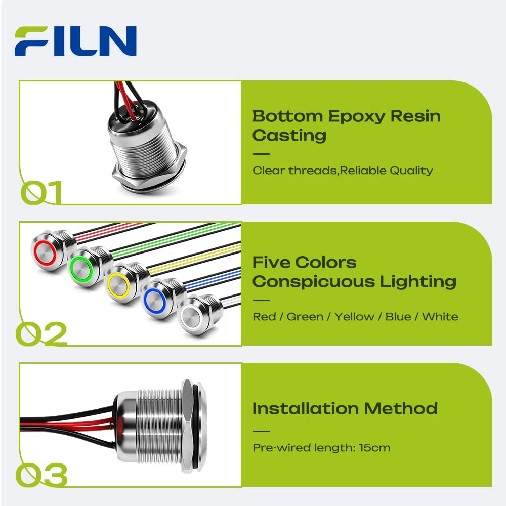 LinkMejor 3Pcs 19mm LED ögonblicksvarande tryckknapp växling IP67 20A 12V-24V vit