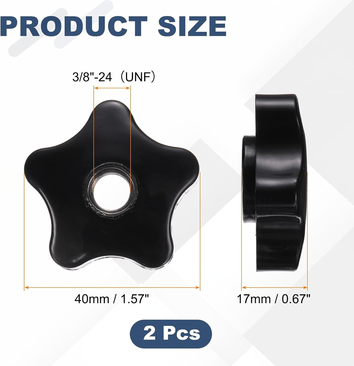 LinkMejor 2 piezas de botones con forma de estrella, medida 3/8”-24 (UNF). Botones con superficie rugosa, adecuados para herramientas de muebles industriales, abrazaderas, tornillos roscados y tuercas roscadas. Color negro.