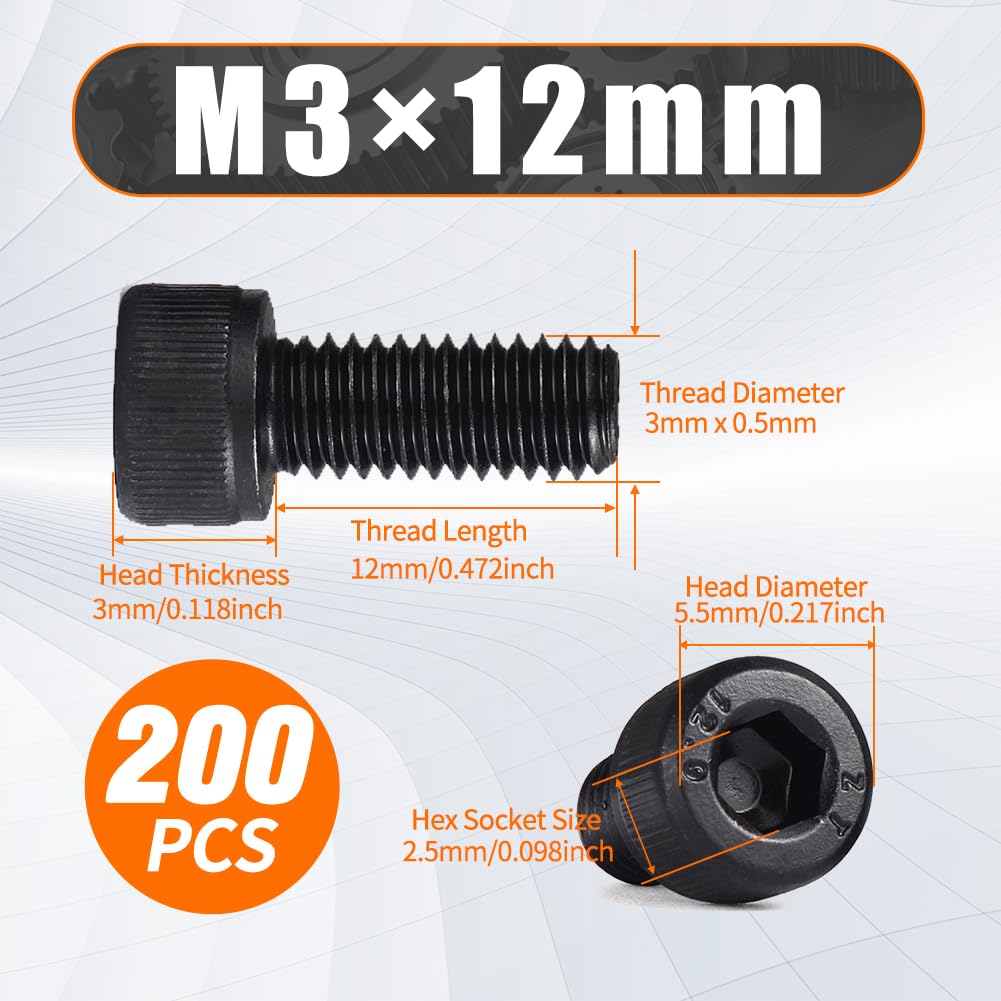 M3 x 12mm Hex Socket Cap Head Trençki Çivileri, 200 Adet Grade12.9 Makine Çivileri