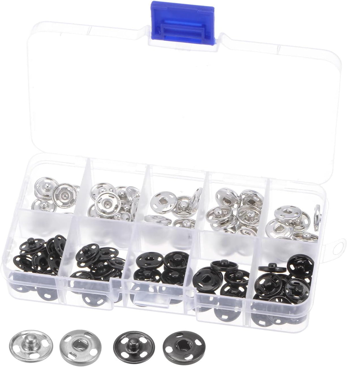 Sew-on Snap Buttons, 50 Sets 0.47 Inch 12mm Copper Metal Snap Fasteners Press Studs Buttons with Storage Box for Sewing Clothing DIY, White & Black