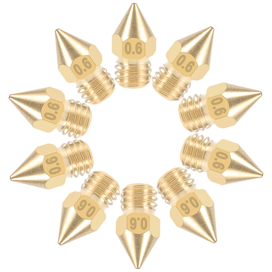 0.6mm 3D Printer Nozzles, 10pcs M6 Thread Replacement for 1.75mm MK8 Extruder Print, Brass