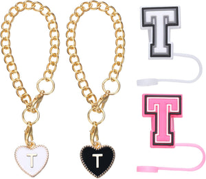 2pcs Heart Letter Charm Accessories with 2pcs 8mm Straw Cover Cap Capital Letter and Silicone Leak Stopper for Tumbler Cup Name ID, Black/White/Pink(Letter T)
