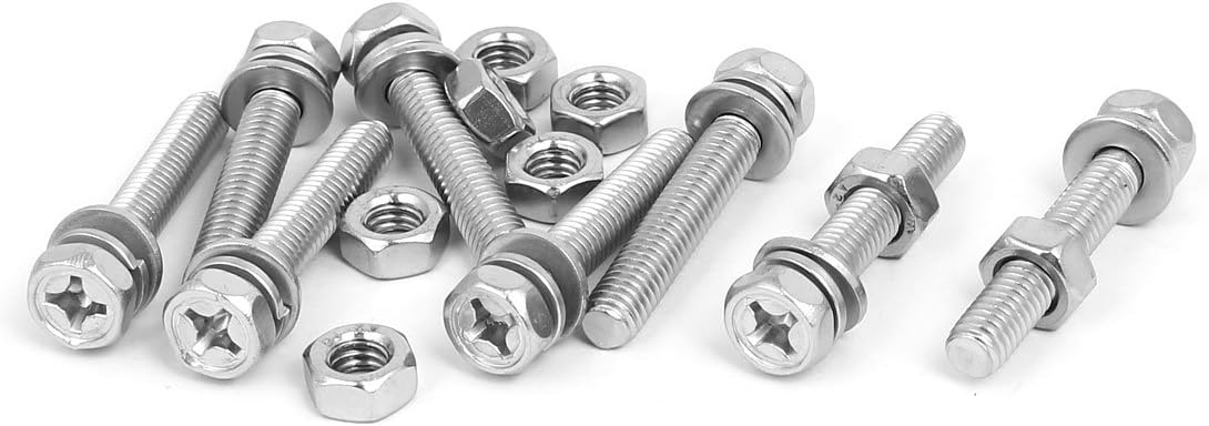 M6 x 35mm 304 Stainless Steel Phillips Hex Head Bolts Nuts w Washers 8 Sets
