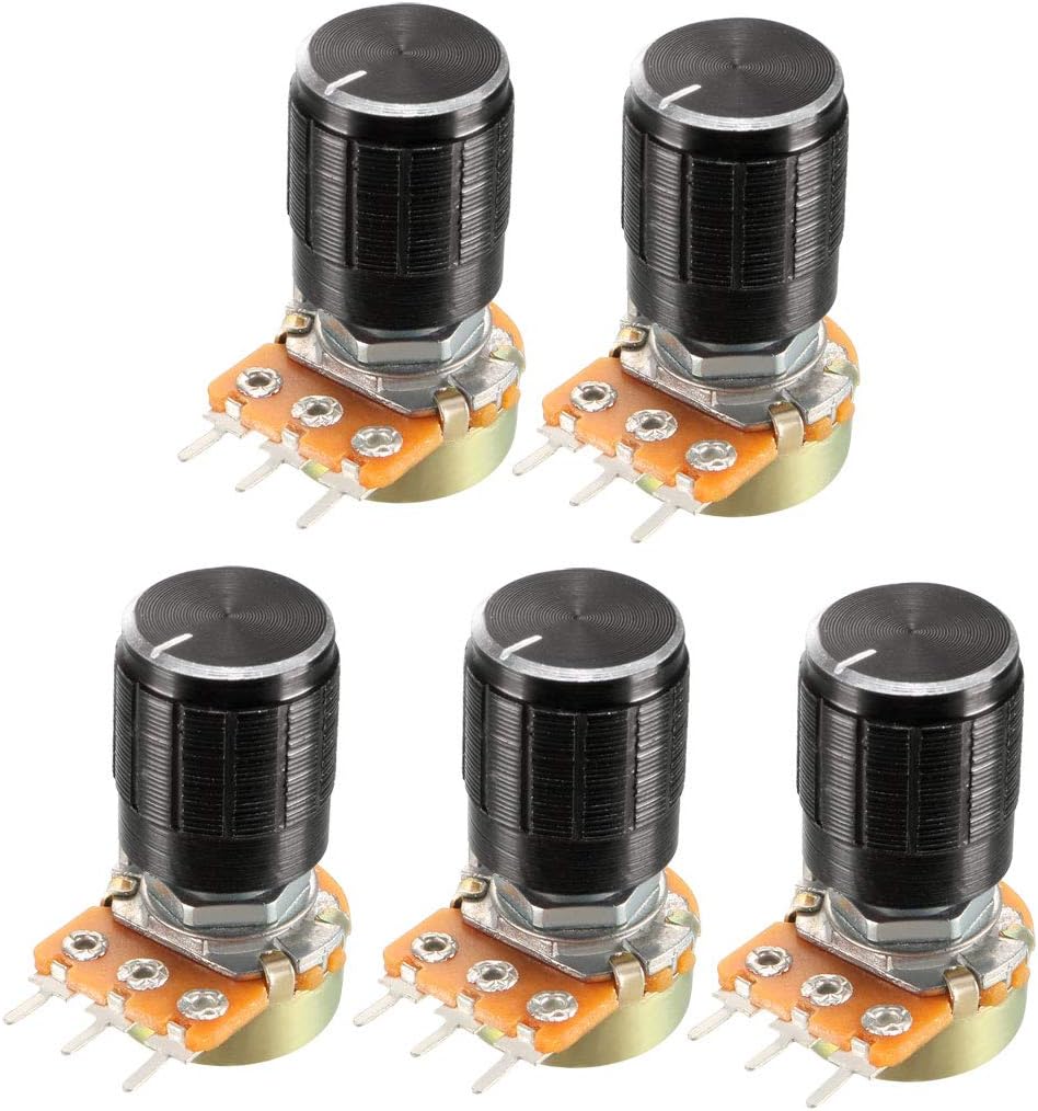5 Pcs 100K Ohm Variable Resistors Single Turn Rotary Carbon Film Taper Potentiometer with Knobs