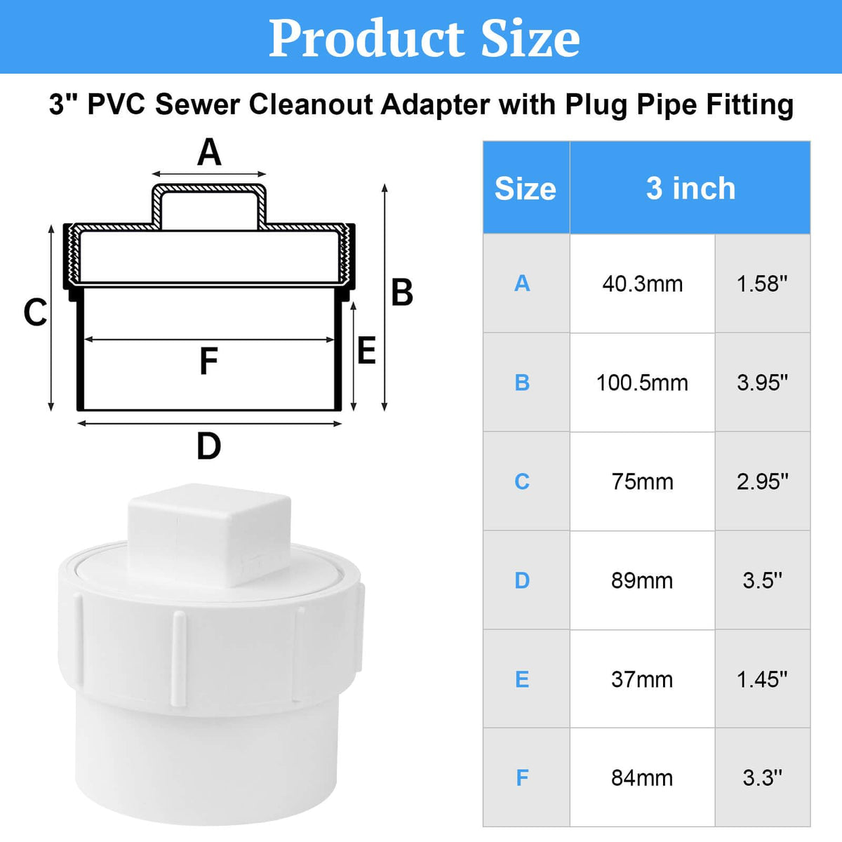 3" PVC Sewer Cleanout Adapter with Plug Pipe Fitting
