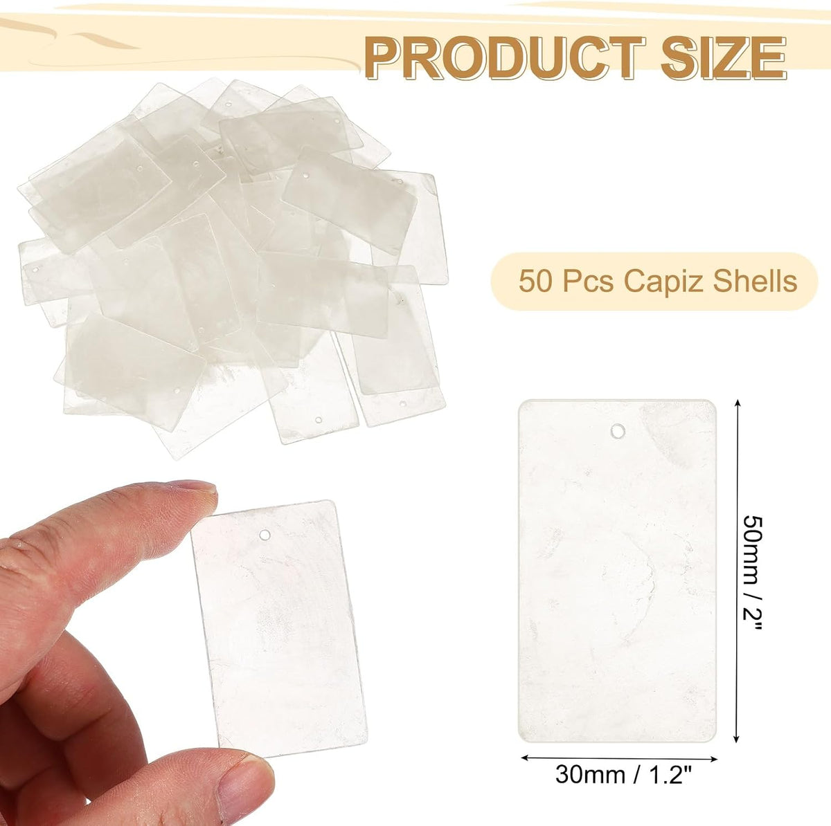 50 개 Capiz 쉘, 30 mm x 50 mm 자연 흰색 사각 미카 시트 단일 구멍 DIY Craft 만들기 풍铃 홈 데코 웨딩 데코