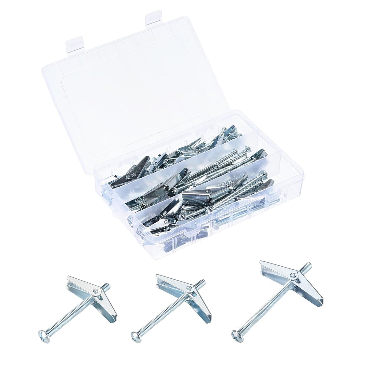 44Pcs Spring Toggle Bolt Anchors, 1/8" 3/16" 1/4" 3 Sizes Butterfly Anchors Male Thread Spring Loaded Hollow Wall Round Head Toggle Bolt