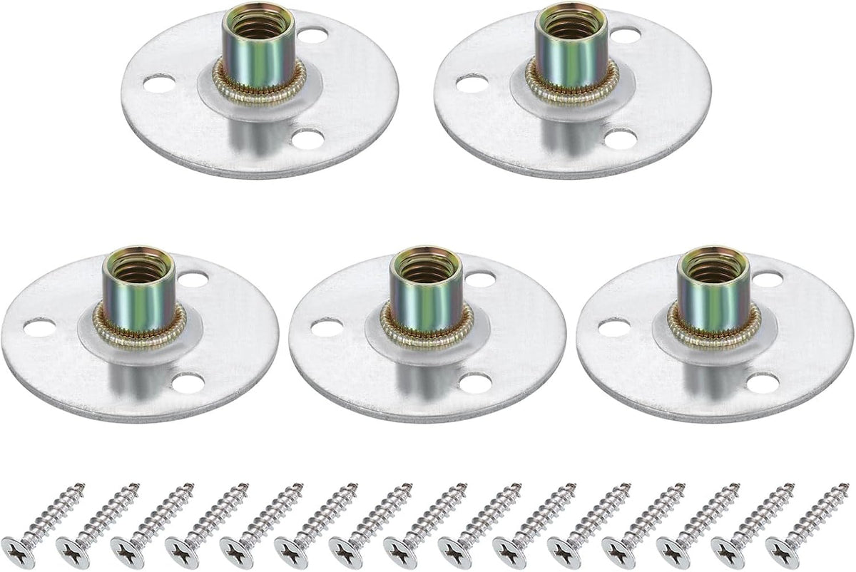 5Pcs M10 Brad Hole t Nut, 50mm/2inch Round Base Weld Nuts Flange Insert Female Thread with Mounting Screws for Wood Furniture