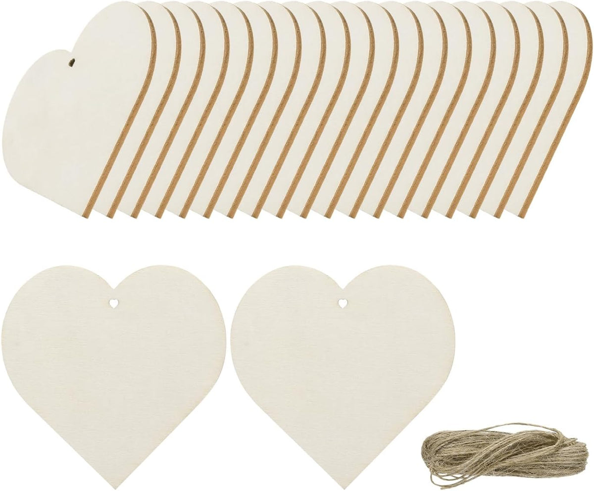 36pcs Heart Blank Wood Tags with Hole 3.1 x 3.1 Inch Unfinished Wood Pieces Wooden Gift Tags with 32.8 Ft Rope for Craft Projects, Hanging Decorations, Gift Making