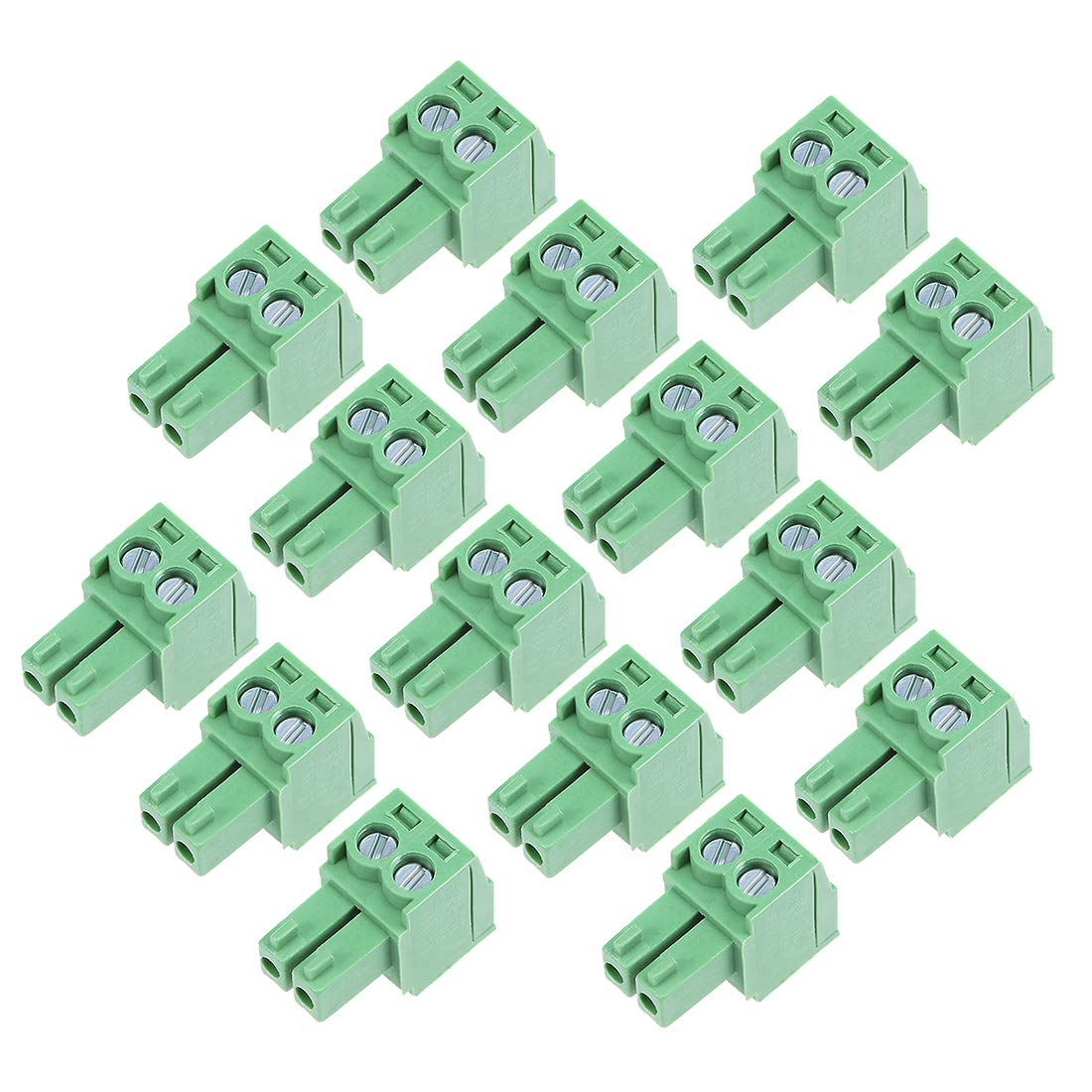15Pcs AC 300V 8A 3.5mm Pitch 2P Flat Angle Needle Seat Insert-in PCB Terminal Block Connector green
