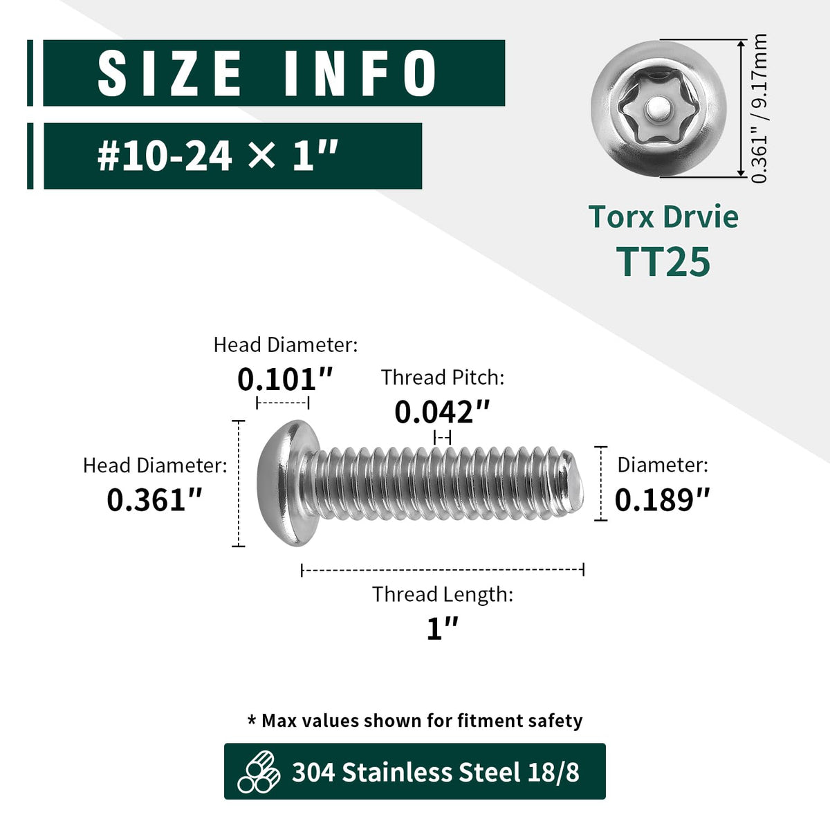 #10-24 x 1 Button Head Torx Security Screws, 304 Stainless Steel 18-8, Anti-Strip & Non-Slip Torx Drive Screws for Outdoor, Automotive License Plates, 50-Pack with Bit TT25
