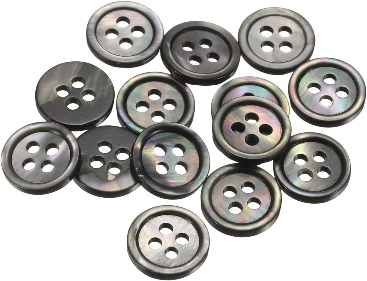 15Pcs Natural Shell Button, 4 Hole 11.5mm Mother of Pearl Buttons for Shirt Coats Suits Jacket Jeans Skirts DIY Sewing Crafts, Black/Silver