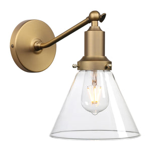 LinkMejor Industrial Vintage Slope Pole Wall Mount Single Sconce with Funnel Flared Clear Glass Shade Wall Sconce Light Lamp Fixture Hardwired (Antique Gold)