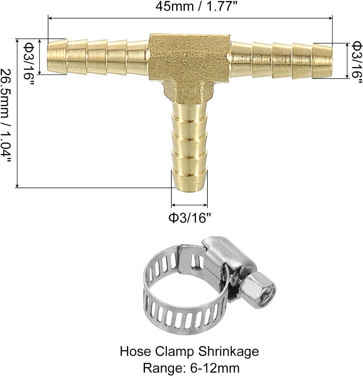 2pcs Messing Tee Schlauchhülsen, 3-Wege Tee 3/16" x 3/16" x 3/16" Steckschlauch Reduzierer, Tee Messing Schlauchhülsen Reduzierer mit 6x Schlauchklammern für Wasser Kraftstoff Luft