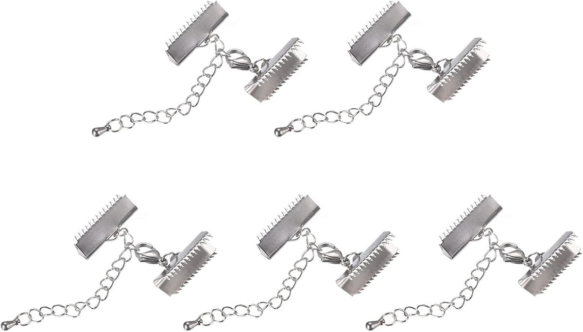 5Sets Ribbon Crimp Clamp Ends with Lobster Claw Clasps & Extension Chain, 20mm Smooth Cord End Clasps for DIY Craft Making, Silver Tone