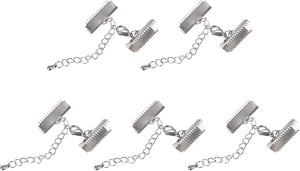 5Sets Ribbon Crimp Clamp Ends with Lobster Claw Clasps & Extension Chain, 20mm Smooth Cord End Clasps for DIY Craft Making, Silver Tone