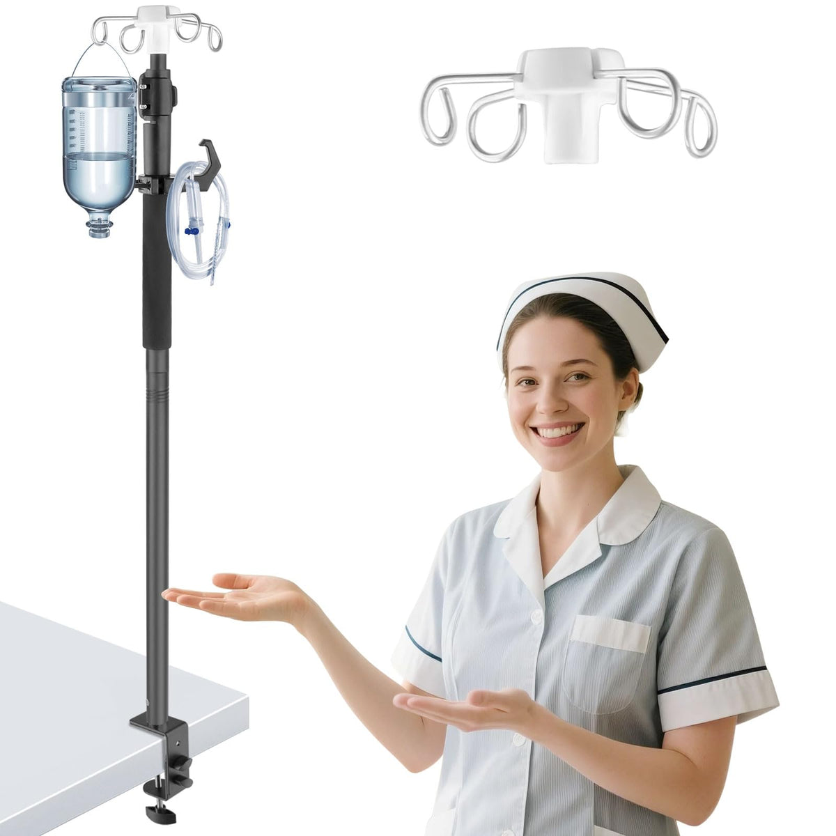 LinkMejor Table IV Poles,32 to 56In Telescopic Desktop IV Stand with 4 IV Bag Holder Portable Frosted Pipe Extension Pole IV Influsion Pole with Storage Hook for Home Hospital Clinic (Black)