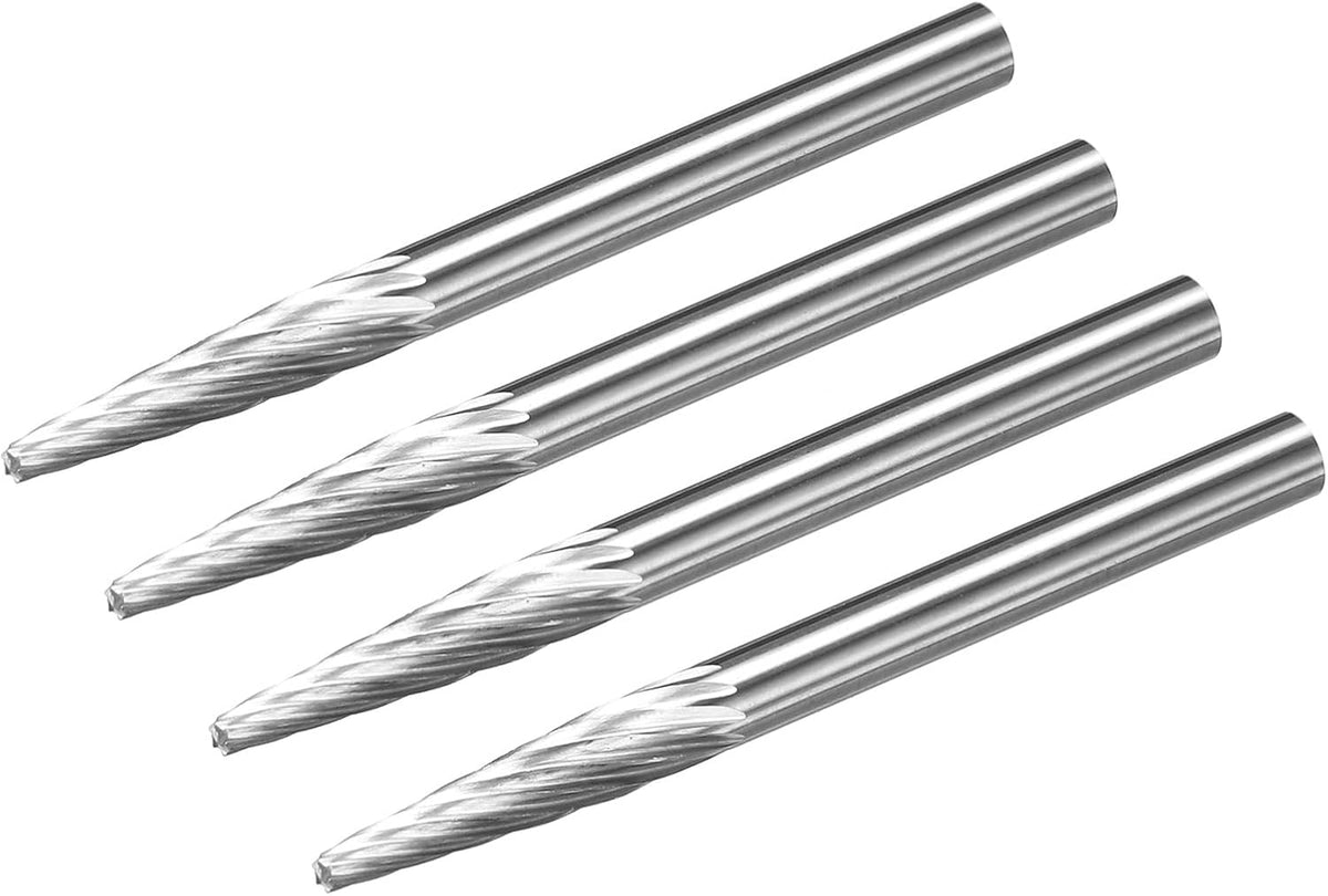 Tungsten Carbide Rotary Files 1/8" Shank, Single Cut Taper Shape Rotary Tool 3mm Dia, for Die Grinder Drill Bit Alloy Steel Hard Metal Carving Polishing Drilling, 4pcs