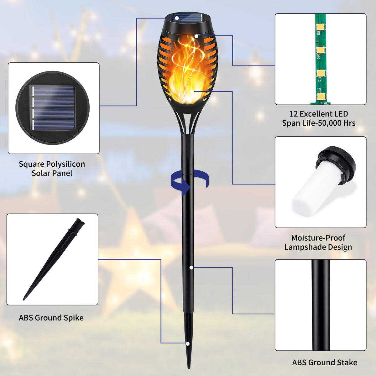 LinkMejor 12Pack Solar Torch Light with Flickering Flame for Halloween Decor