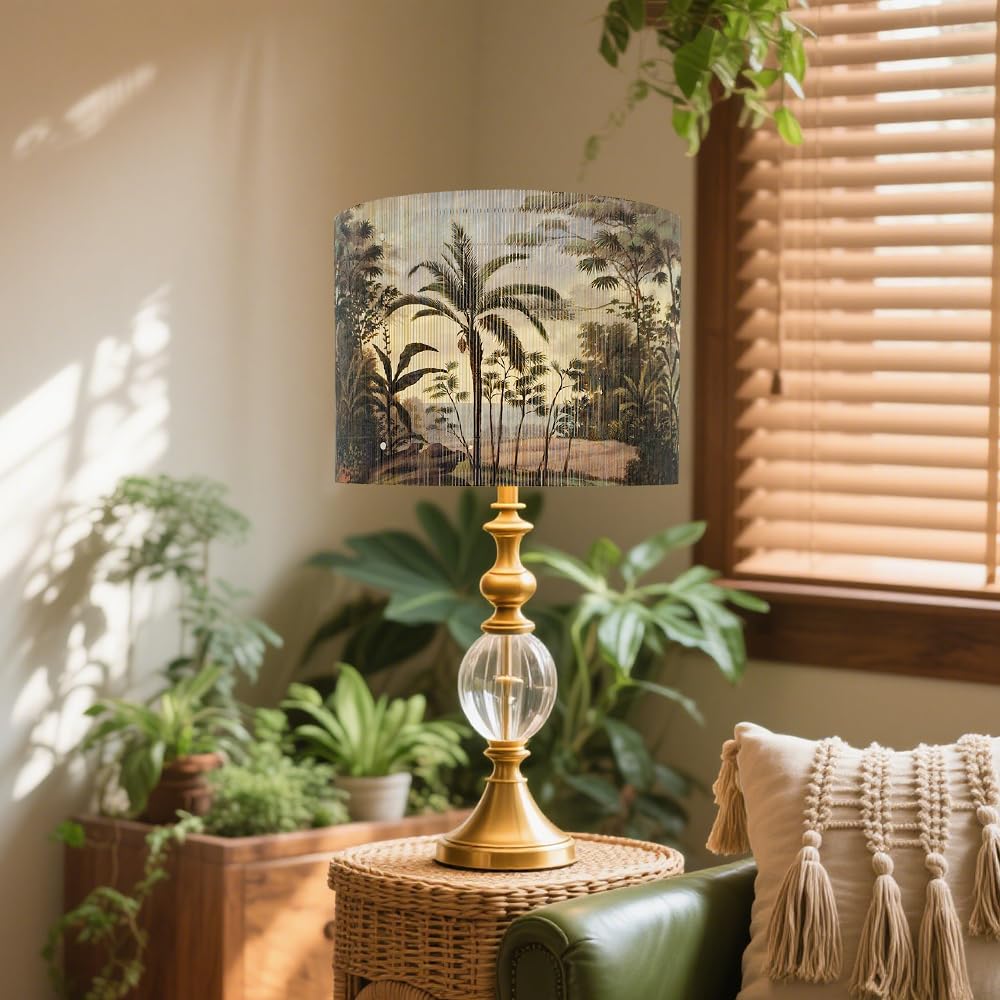 Rustic Bamboo Lampshade With Tropical Palm Tree Pattern, 11.8 * 9Inch