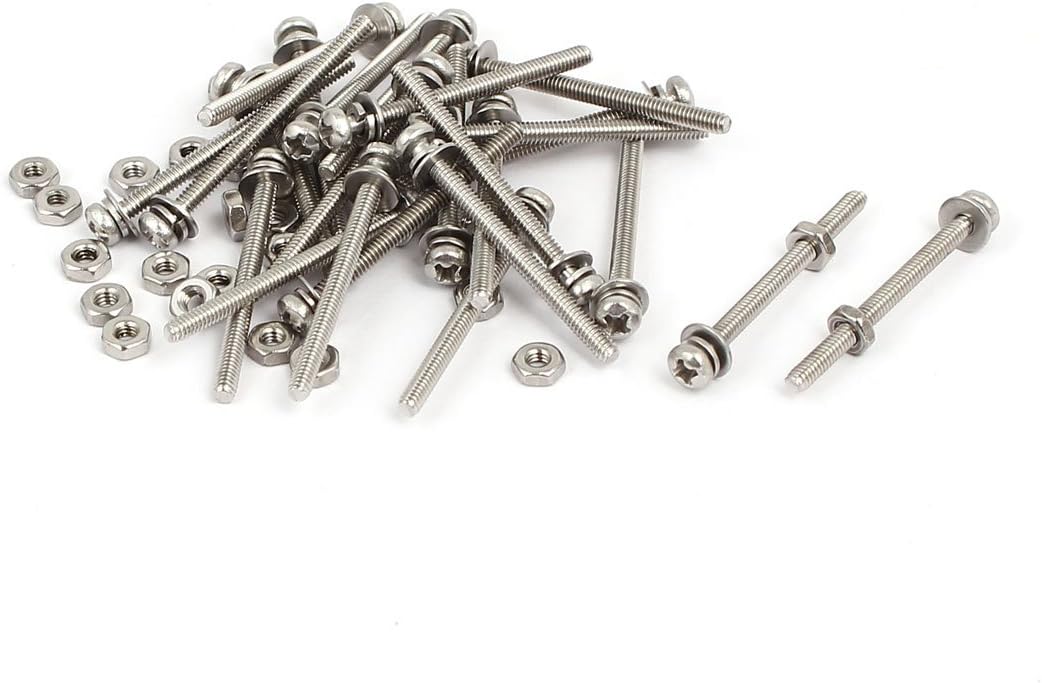 M2 x 25mm 304 Stainless Steel Phillips Pan Head Screws Nuts w Washers 25 Sets