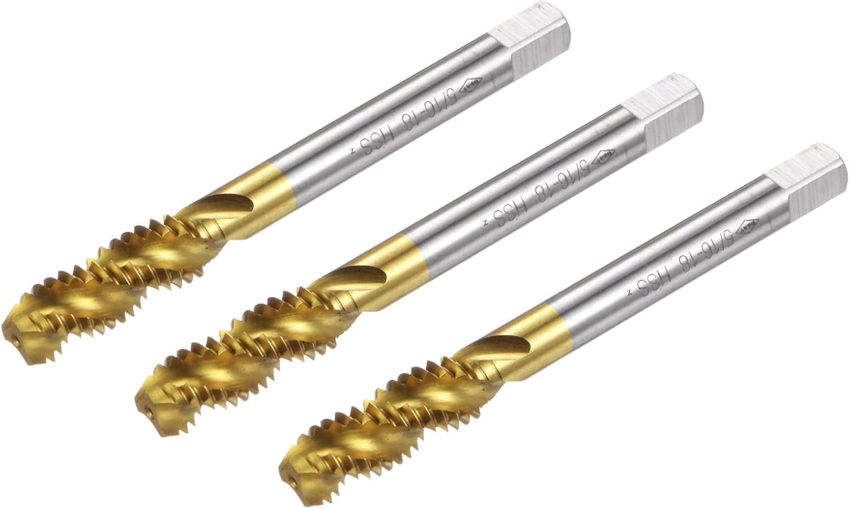 3pcs Spiral Flute Thread Taps, 5/16-18 UNC H2 Screw Threading Tap, Titanium Coated 6542 High Speed Steel Machine Tapping Tools for Machinist Repair