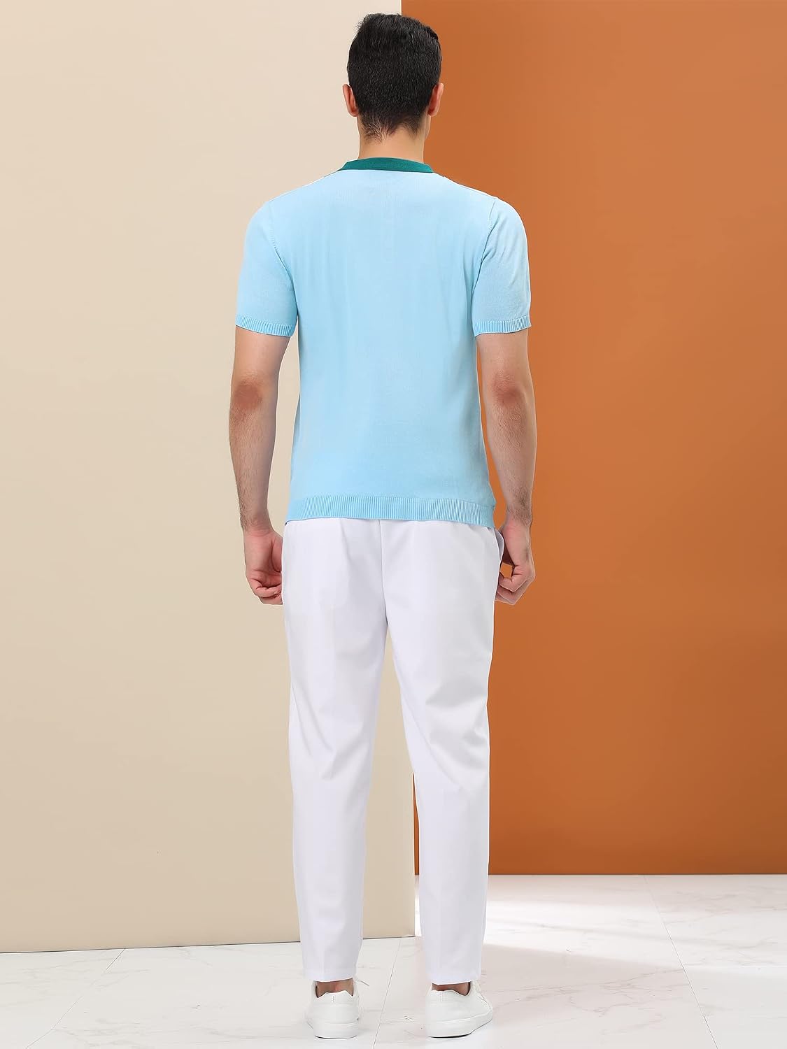 Homme Color Block Patchwork Polaire à Manches Courtes Strié Bouton Golf Shirts