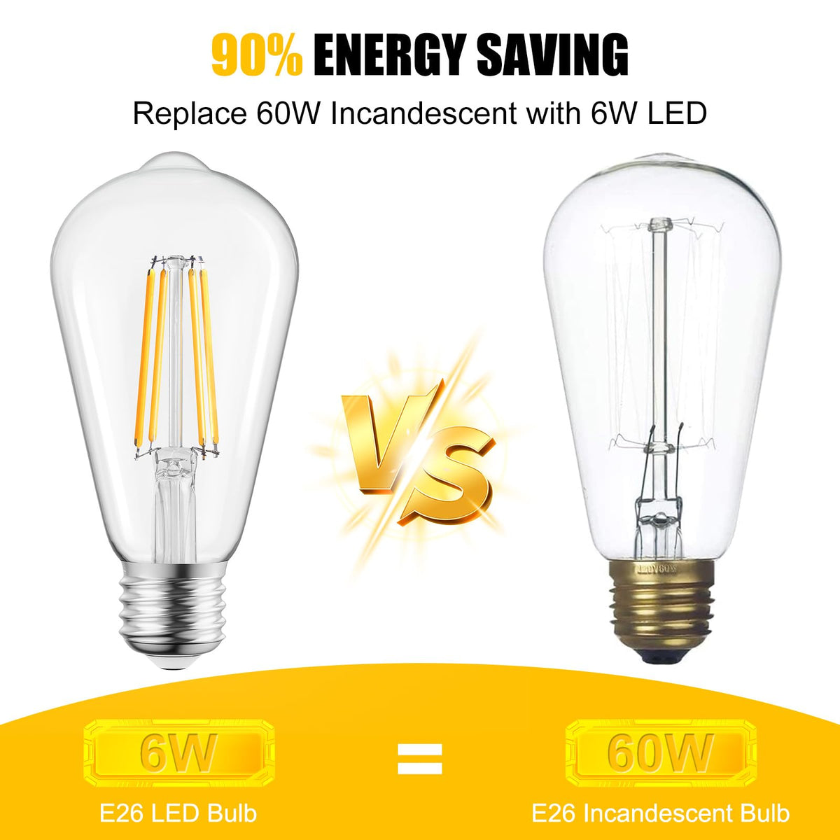 LinkMejor 6Pack Lampadine Edison, Base E26 2700K Bianco Caldo, Non Regolabile