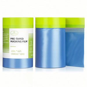 LinkMejor Pre-Taped Masking Film für Lackieren - 22" x 66' Lackierer Kunststoffplane mit Automobil Lackband und Schirm zum Abdecken von Autos, Wänden, Fenstern und Möbelschutz (2 Rollen)