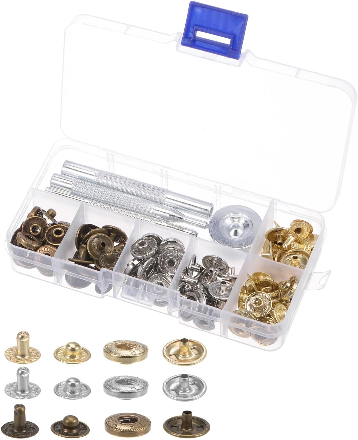 30 Sets Leather Snap Fasteners Kit 12.5mm Metal Press Studs Buttons Tool with 4 Setter Tools & Storage Box for Clothing Leather Sewing