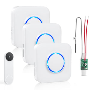 LinkMejor Campanello Senza Fili per Google Nest Doorbell (Con Cablaggio, 2a Gen& 3a Gen) Estensore di Campanello con Ricevitore Connettibile a 58 Campane Cablate e 5 Volume (1 Estensore Video 3 Ricevitori)