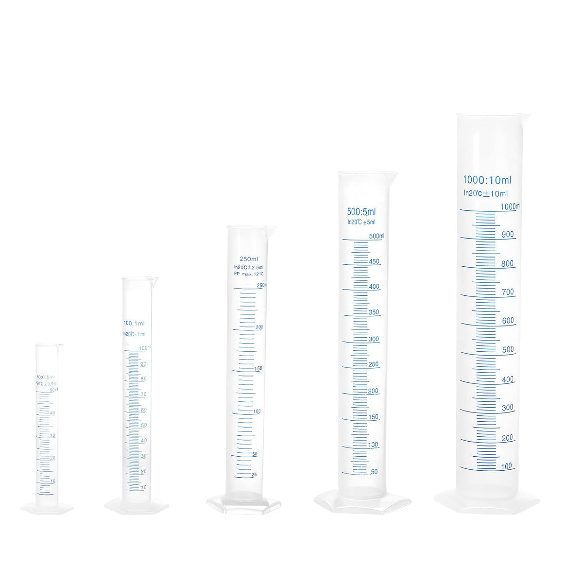 Plastic Graduated Cylinder, 50ml 100ml 250ml 500ml 1000ml Measuring Cylinder, Double-Sided Metric Marking, Clear Hex Base, 5 in 1 Set