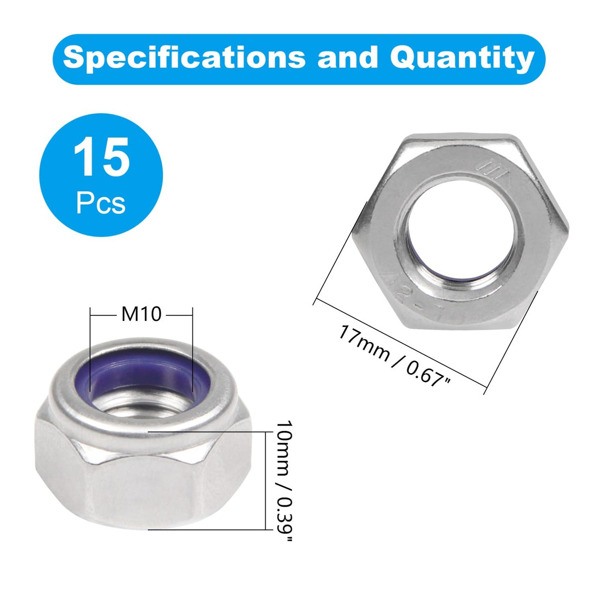 LinkMejor 15PCS Bantalan Kunci M10 M10x1.5mm Insert Nylon Bantalan Hex