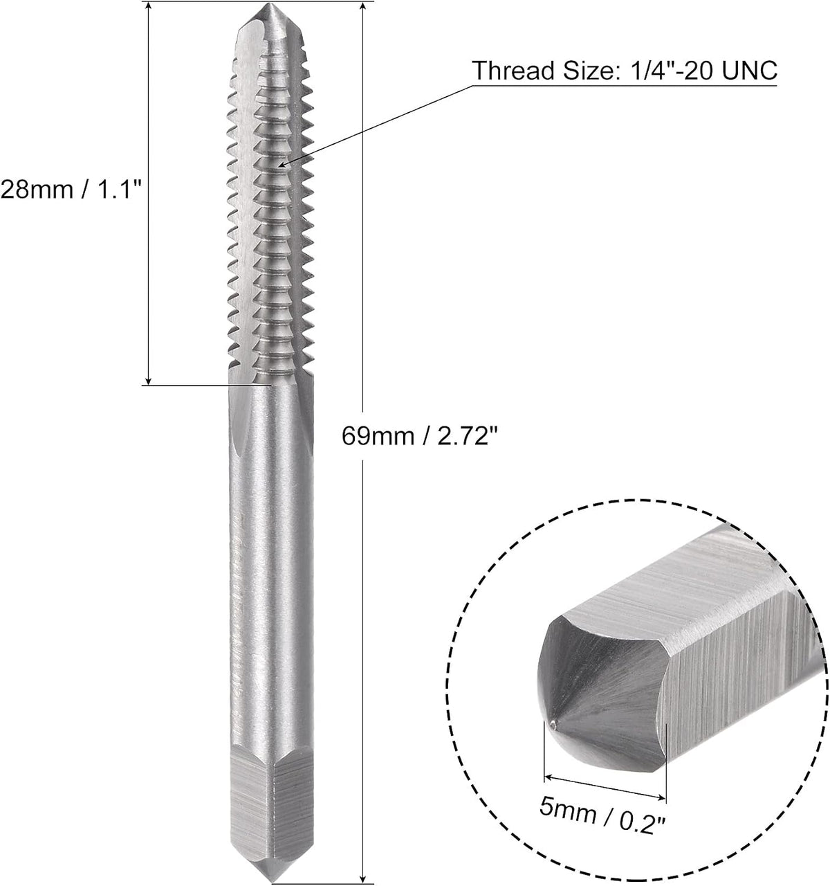 Filtre à filetement pour usinage de tiges, 1/4"-20 UNC, manche gauche, acier à haute vitesse 6542, sans revêtement, 3 flutes droites, grade de tolérance 2B, pour perceuse électrique et bricolage