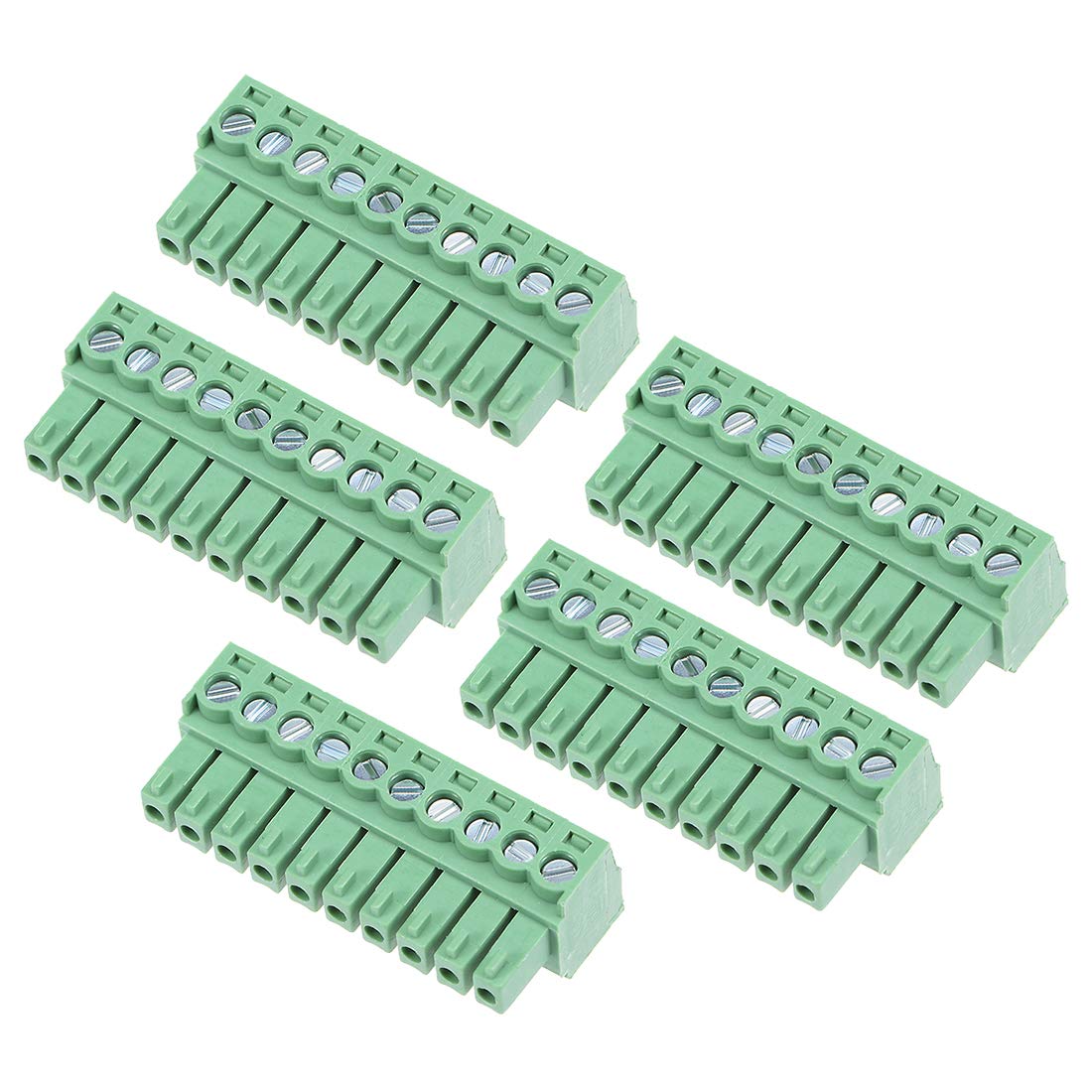 5Pcs AC300V 8A 3.5mm Pitch 10P Flat Angle Needle Seat Insert-in PCB Terminal Block Connector Green